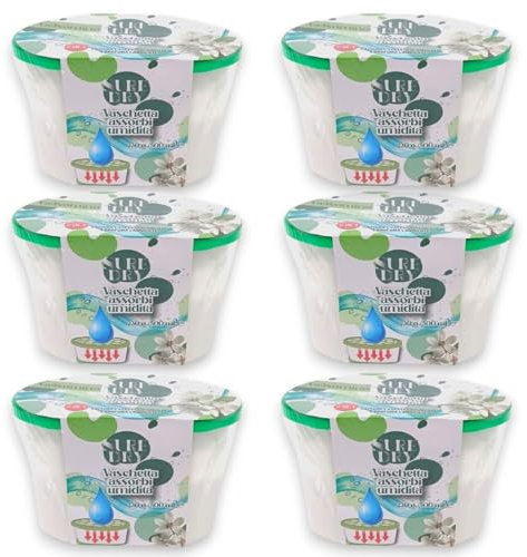 KORAT - Set 6 Vaschette Assorbi Umidità e Profumatore 500 ml, 5 Profumazioni, Deumidificatore Sali per Bagno Cucina Camper Caravan Roulotte Ripostiglio Dispensa Armadio (6, Gelsomino)