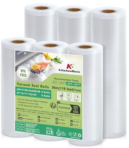 KitchenBoss Sacs Sous Vide Alimentaire 6 Rouleaux:28 x 600 cm + 20 x 600 cm, Rouleau Sous Vide Alimentaire pour Machine Sous Vide des Aliments et la Cuisson Sous Vide