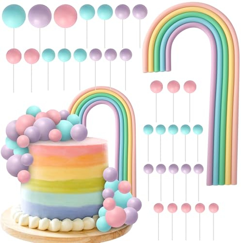 34 Stück Boho Kugeln Tortendeko Regenbogen Kuchen Deko Natürlicher Mini Schaum Kugel Cake Toppers DIY Kugel Kuchen Dekorationen für Baby Dusche Kinder Geburtstag Hochzeit Jahrestag Party Lila Gelb