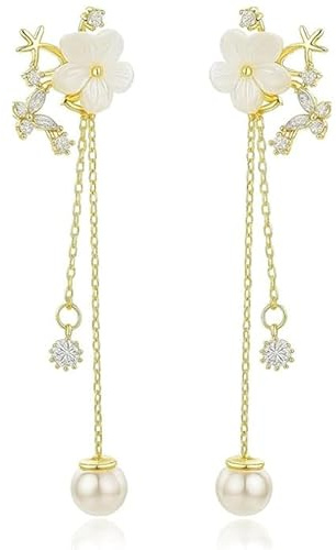 BelleVive Baumelnde Perlenohrringe für Frauen 14 Karat Gold, trendige lange Einfädlerkette, zierliche Blumen-Hochzeitsohrringe für Bräute, CZ, süßer, funkelnder Statement-Schmuck
