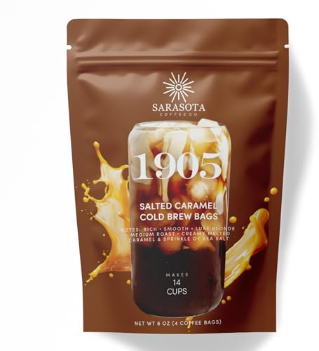 Sarasota Coffee 1905 Cold Brew Coffee Bags | Salted Caramel | Blonde-Medium Roast | Smooth & Low Acid | Ground Filter Packs | Cold Brew Kit Makes 14 Cups | Creamy Caramel & Sea Salt Notes