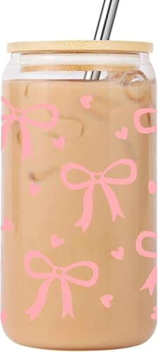 Coquette Aesthetic Bow Glass Cups, Cute Pink Girly Preppy Iced Coffee Cup w/Lids and Straws 16oz Drinking Glasses Gifts for Women Teen Girl Gifts Trendy Stuff