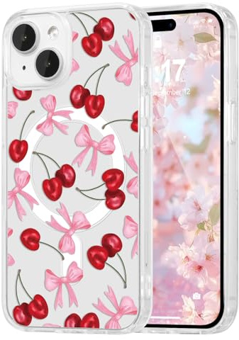 DEFBSC Magnetic Case for iPhone 14 Plus/15 Plus Cute Clear Bow,Red Cherry | Compatible with Magsafe,Pink Ribbon Bowknot Aesthetic Print Phone Case Slim Shockproof Protective Bumper Cover for Women Girl