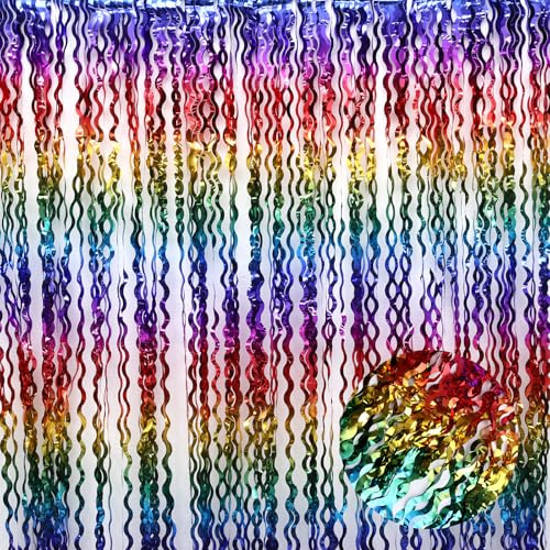 Weihnachten Deko - 2 Stück Lametta Vorhang Bunt, Regenbogen Glitzervorhang 1x2m, Glitzervorhang Lametta, Vorhänge Bunt, Metallic Fransen Vorhang für Party Hintergrund, Disco, Karneval Deko, Festival