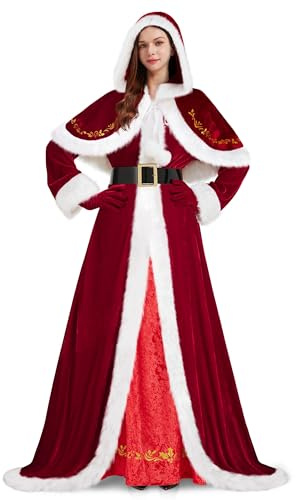 FancyFun 4 Stück Mrs Claus Kostüm für Damen, Erwachsene Santa Kostüme Claus Kleid Weihnachten Outfit mit Kapuze Umhang Handschuhe Gürtel 4XL