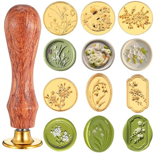 Srvauyea 6 Stück Wachssiegel Set, Siegelstempel Wachssiegel Stempel Set, Blume Siegelstempel, Siegelwachs Stempel, Wachsstempel Personalisiert mit Holzgriff für Kartenumschläge, Einladungen, Geschenke