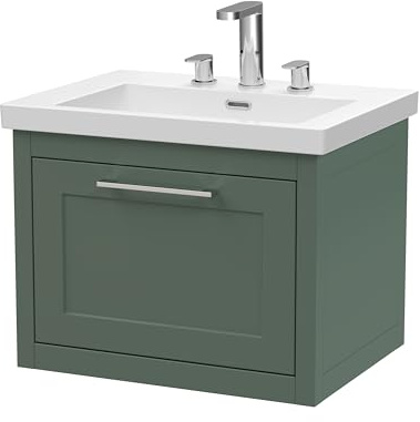 Balterley Vanity Unit with Basin Wall Hung, Single Drawer Soft Close with 3 Tap Hole Rectangular Sink and Handle, Bathroom Vanity Units, Traditional Sink Cabinet - 613 x 462 x 495mm (Green)