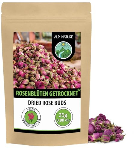 Alpi Nature Rosenblüten getrocknet 25g, ganze Rosenknospen getrocknet | ideal für Rosenblüten Tee, Desserts, Backwaren und zur Dekoration, Rosentee von Rosa Damascena, Rosen Tee lose
