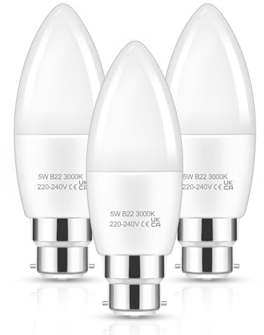 Bayonet Light Bulb, 5W B22 Candle Light Bulbs Bayonet Warm White, 3Pack | 40W Equivalent, 450 Lumen, 3000K Soft Glow, Energy Saver Bulb for Chandeliers, Wall Lamps, Ceiling Fixtures, Non-Dimmable