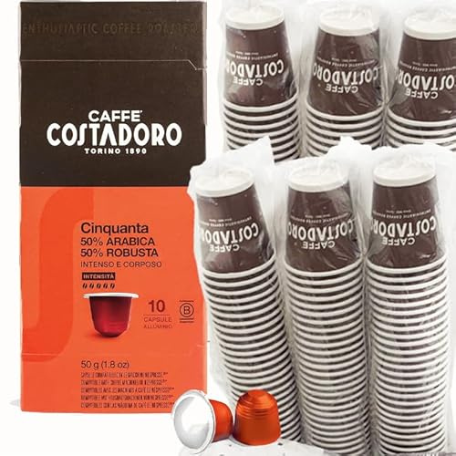 Costadoro Cinquanta, 100 capsules compatibles avec Machines à Café Espresso de Type Nespresso®*, 50% Arabica et 50% Robusta Supérieure, 10 Boîtes de 10 + 100 Gobelets Compostables