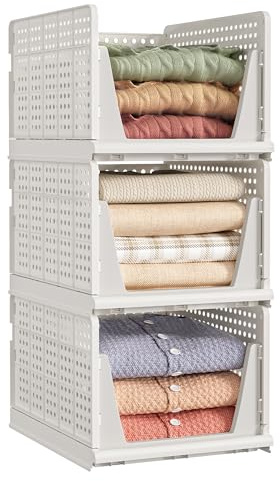 SONGMICS Schrank-Organizer 3er Set, klappbar, stapelbar, ausziehbarer Korb | Kleiderschrank-Organizer, Kunststoff, Aufbewahrung und Organisation, weiß, DENNYS Kollektion LPC310W101