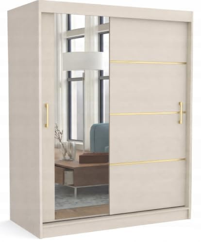 Brent - Kleiderschrank mit Spiegel 160cm Breit Windsor Tomy I Schlafzimmerschrank mit 2 Kleiderstange und Einlegeböden für Kleidung I Kleiderschrank Cashmere/Gold