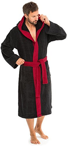 aqua-textil Sylt Accappatoio con Cappuccio Bicolore Lungo Tasche Applicate Cuciture Decorative Donna Uomo Unisex Puro Cotone S Nero Rosso Bordeaux