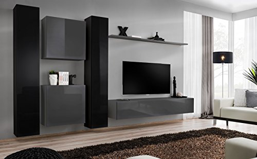 All4All Wohnwand SW 6 - Wohnzimmermöbel - Schrankwand für Wohnzimmer - Wohnzimmerschrank - Anbauwand Hängend - Modern Grau+Schwarz 21