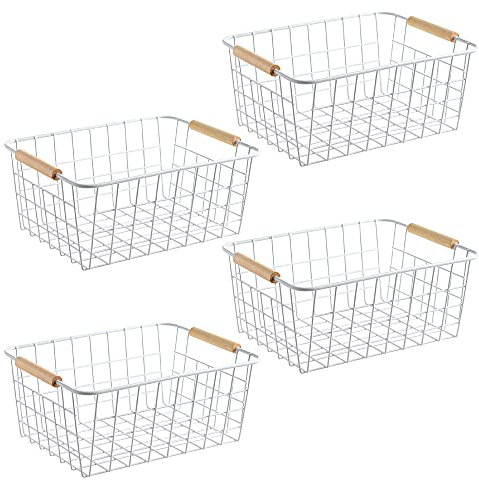 Aeggplant Kitchen Wire Baskets Farmhouse Decor Metal Food Storage Organizer,Household Refrigerator Bin with Built-in Handles for Cabinets, Pantry,Bathroom,Closets,4 Packs (White)