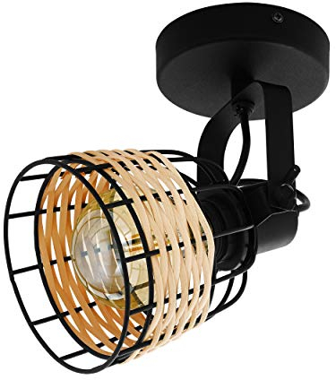 EGLO Deckenlampe Anwick 1, 1 flammige Deckenleuchte Vintage, Boho, Deckenstrahler aus Stahl und Rattan, Wohnzimmerlampe in Schwarz, Natur, Küchenlampe, Spot mit E27 Fassung