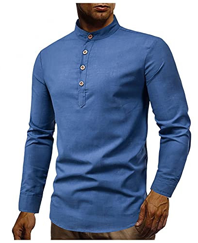 LAOLUO Chemise Coton Lin Manches Longues Homme Col Mao Chemises Casual Simple Mode Tendance Slim Fit Shirt Couleur Unie Noir Bleu Blanche Rouge Gris à 4 Boutons Haut Automne-Hiver Grande Taille Top