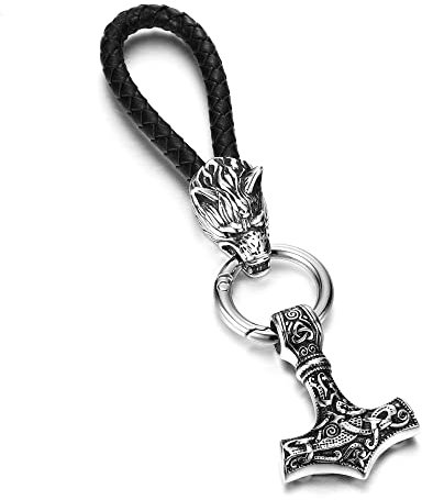 PiercingJak Porte-clés Voiture Viking Mjolnir Loup Marteau de Thor Pendentif Acier Inoxydable Cuir Tressée avec Anneau Cadeau Anniversaire Noël Homme Femme-Argent