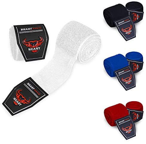 BEAST RAGE Box-Handbandagen,2,5/4,5 Meter, Kampfsport-Bandagen, Innenhandschuhe, Handgelenkstützgurte,Schlagen unter den Handknöcheln,schwere elastische Trainingstasche (Weiß, 4.5 M)