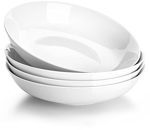 MALACASA Série REGULAR 4 Assiettes à Pâtes en Porcelaine de 1200ml, Grand Assiettes Creuses Blanches pour Pâtes, Salades et Soupes