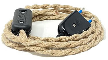 LaMorell LightDesign Câble textile plat à 2 fils (2 x 0,75 mm²), 1,80 m avec interrupteur et embouts de câble, noir, argent, noir, blanc, rouge, whisky. (jute tressée)