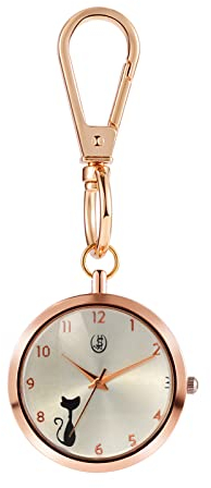 JewelryWe Katze Uhr mit Karabiner Schlüsselanhänger: Damen Karabineruhr süße Cartoon Katze Analog Quarz Taschenuhr mit Weiß Rundem Zifferblatt und Rosegold Gehäuse