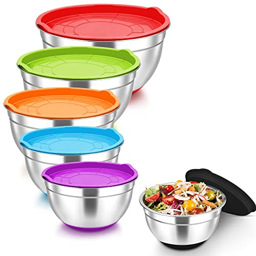 Joyfair Rührschüssel mit Luftdichten Deckel, 6-teiliges Edelstahl Salatschüssel - 4.6L/ 2.8L/ 2.5L/ 1.6L/ 1.5L/ 0.7L, Schüssel für Mischen und Servieren, Stapelbar & Spülmaschinenfest (Bunt)
