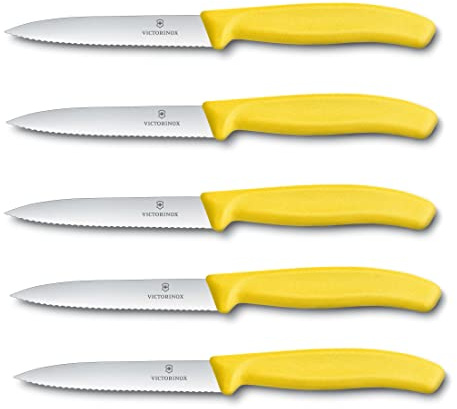 Victorinox 5-tlg Gemüsemesser Set Swiss Classic Gelb – 10 cm mit Wellenschliff – Tomatenmesser