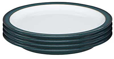 Denby - Greenwich Medium Plates Set of 4 - Green, White Dishwasher Microwave Safe Crockery 22cm - Glazed Ceramic Stoneware Tableware - Chip & Crack Resistant