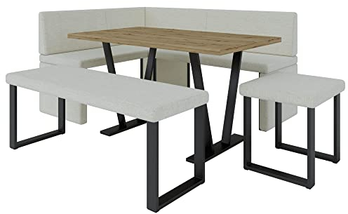 Eckbank Akiko Metal mit Tisch und Bänken - Eckbankgruppe für Ihrem Esszimmer, Küche modern, Sitzecke, Essecke. Perfekt für Küche, Büro und Rezeption. Solide Verarbeitung (INARI 22, 168x128 rechts)
