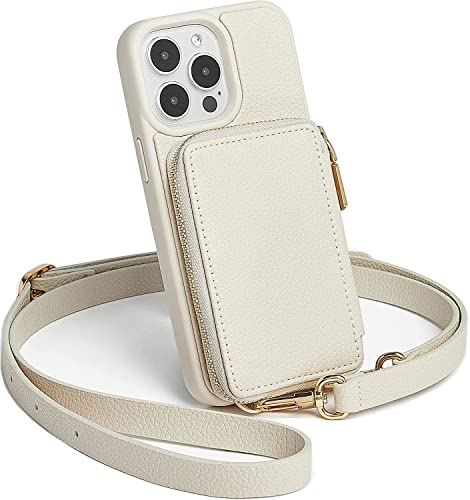 CUSTYPE Für iPhone 14 Pro Max Hülle Leder Handyhülle Für iPhone 14 Pro Max Hülle mit Band und Kartenfach, Handykette Hülle Für Apple iPhone 14 Pro Max Beige 6,7”