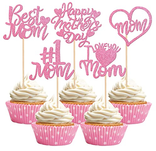 30 Stück Happy Mother's Day Cupcake-Topper Glitzer Herz I Love You Mom Cupcake Picks Best Mom Kuchen Dekorationen für Happy Mother's Day Thema Frauen Geburtstag Party Supplies Pink