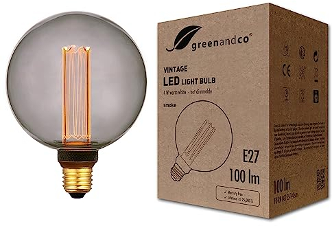 greenandco Vintage Design LED Birne zur Stimmungsbeleuchtung | E27 G125 | smoke | 4W 100lm | 1800K extra warmweiß | 320° | 230V | flimmerfrei | nicht dimmbar | Edison Glühbirne