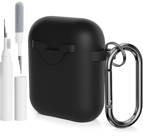 AOTUAO Kompatibel mit AirPods 2 &1 Hülle Case mit Reinigungsset, Weiches Silikon Stoßfeste Schutzhülle für AirPods 2. und 1. Generation Case Cover mit Karabiner, Schwarz