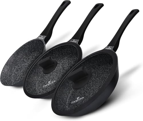 ZWIEGER Lot de Poêles à Frire 5 Pièces – Batterie de Cuisine Induction | Poêles 28 et 24 cm avec Couvercles, Poele 20 cm, Fonte d'Aluminium – Antiadhésif, Sans PFOA et PFOS
