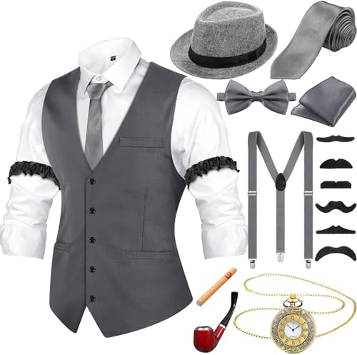 20er Jahre Herren Accessoires mit Weste Fedora Hut Taschenuhr Fliege Krawatte Hosenträger und Requisit (Grau, S)