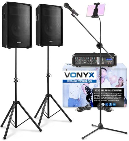 VONYX VX210 Professional Karaoke System with Bluetooth, Mixer Amplifier, Wired Microphone & Adjustable Mic Stand with Tablet Holder, 800W Pro Karaoke Machine for Party & Events