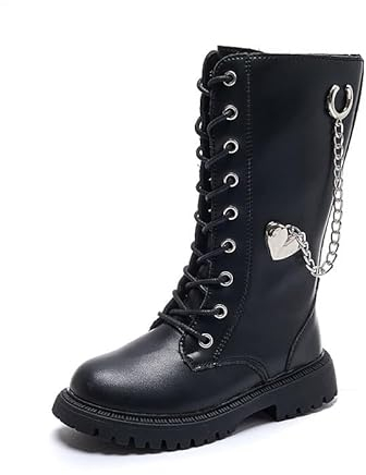 FM2018XSL Stivali Alti Per Bambini in Stile Inglese, Stivali Lunghi da Principessa Della Catena Dell'amore,Noir,33