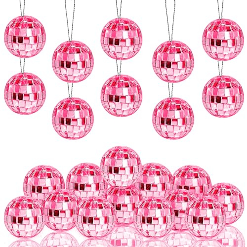 Morofme Disco Ball 24pcs Pink Hanging Mirror Disco Balls Pink Mini Disco Balls Ornaments Reflective Mirror Ball Cake Decoration with Rope for DJ Club Christmas Valentine Tree Wedding