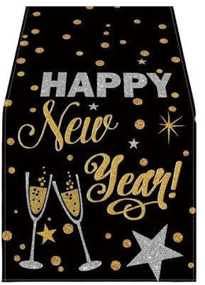 Tischläufer Happy New Year, Schwarz und Gold 2024 Happy New Year Tischläufer – waschbare Tischdecke, langlebiger Tischläufer für Neujahr, Weihnachten, Feiertage