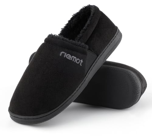 riemot Hausschuhe Herren Mokassin Warme Wildleder Hausschuhe Memory Foam Pantoffeln Diabetiker Schuhe Winter Sherpa Futter Haus Schuhe mit Anti-Rutsch Gummi Sohle Schwarz EU45