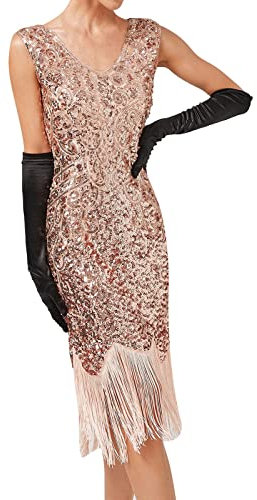 KBOPLEMQ Gatsby Costume Charleston pour femme - Robe à paillettes années 1920 - Col en V - Longueur genou - Robe à franges - Robe de cocktail - Robe de soirée, O rose., XXL