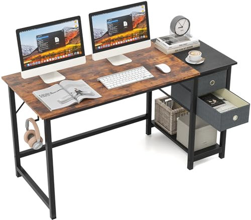 COSTWAY Computer-Schreibtisch, 60 x 140 cm, Bürotisch mit 2 Schubladen, Regal, Schreibtisch, Lerntisch, Arbeitsplätze für Schlafzimmer, Büro, Belastung 130 kg, rustikales Braun