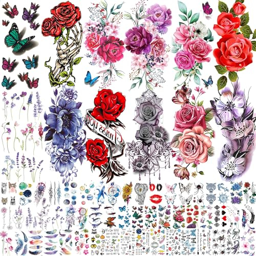66 Blatt Aquarell Rosen Blumen Temporäre Tattoos Damen Frauen Kinder Klebetattoos Erwachsene, 3D Lavendel Schmetterling Fake Tattoos Mädchen, Realistisch Bunt Pfingstrosen Blume Tattoo Aufkleber Sets