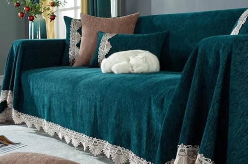 Epinki Sofaüberwurf, 180x330CM Überwurfdecken für Couch Einfarbig mit Spitze Muster, rutschfeste Sofaüberwurf Hund aus Chenille für Wohnzimmer, Dunkelgrün