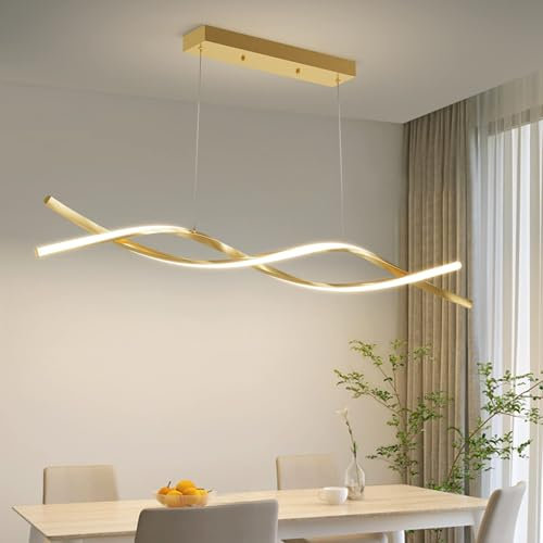 Mikeru 120cm Modern Wave Pendant Light, Gold Kitchen Island Lights Dimmable 10% to 100% Height Adjustable Chandelier 3000K/4500K/6000K 3 Color Change with Memory Function for Restaurant