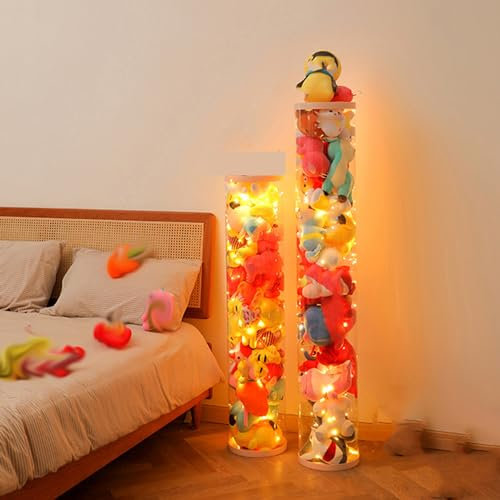 Generic Transparent Cylindrical Stuffed Animal Storage with Two-Way Zipper - Floor Standing Doll Zoo for Easy Access, Rolling Toy Storage Tube with Light - Play Room Corner Decor