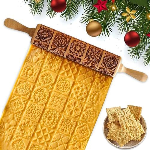 Aoreun Teigroller Holz Elch, Weihnachten Präge Nudelholz Holz mit Weihnachten Schneeflocke, 3D Nudelholz Muster Prägerolle zum Backen von geprägten Keksen nach dem Zufallsprinzip