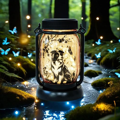 Hund Schmetterling Solarlaternen Outdoor Solarleuchten Border Collie Geschenke Corgi Geschenke Garten Dekor Terrasse Dekor Garten Geschenke für Hundeliebhaber Hund Gedenkstätten Hundegeschenke für