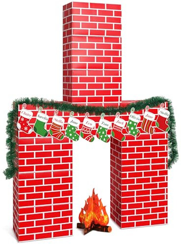 Fullhawl 34 Pcs 3D Artificial Red Brick Cardboard Fireplace 39 x 59 Inch DIY Christmas Fireplace with Stocking 3D Fire Flame Prop Christmas Pine Garland Fake Fireplace Backdrop for Christmas Decor